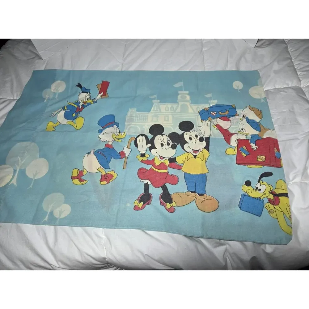 Disney 70s Mickey Mouse Frontierland Blue Pillowcase Knight Princess Vtg Cham